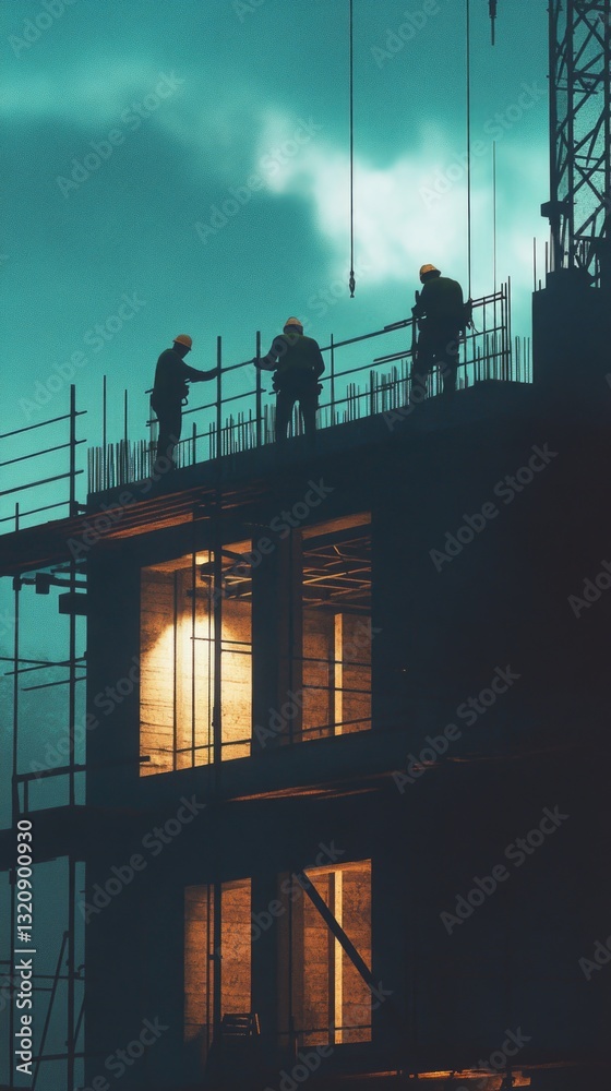 Poster group of laborers working on a high-rise structure, possible site visit or inspection