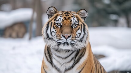 Obraz premium Majestic tiger gazes intently at the camera with striking fur and focused expression in a blurred snowy background