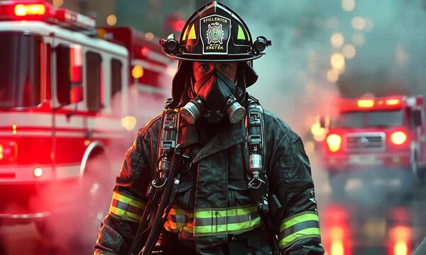 Brave firefighter in full gear stands ready amidst smoky backdrop and fire trucks responding to emergency
