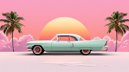 A captivating retro summer design featuring classic convertible cars, palm trees, and retro script fonts that exude old-school cool.