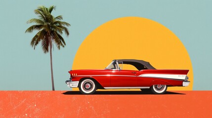 A captivating retro summer design featuring classic convertible cars, palm trees, and retro script fonts that exude old-school cool.