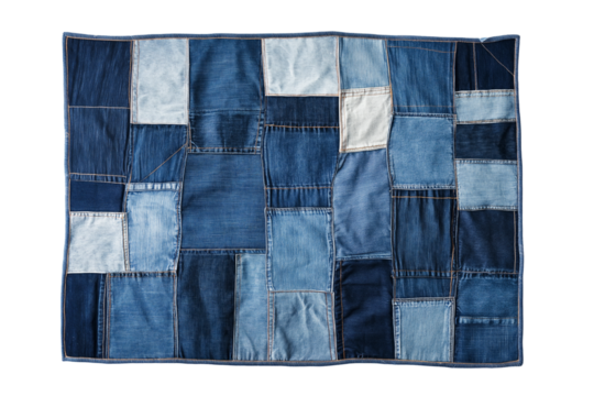 Patchwork denim quilt with contrasting stitching isolated on transparent white background
