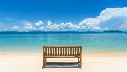 Empty Wooden Bench on a Tropical Beach with Turquoise Water and Blue Sky, Idyllic Vacation Spot
