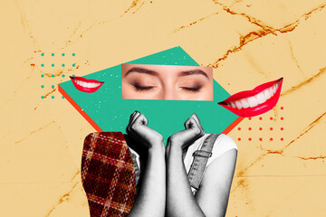 Contemporary art collage of happy headless girl mouth smile teeth red pomade plastic surgery...
