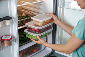 A woman puts packaged food in a home refrigerator	