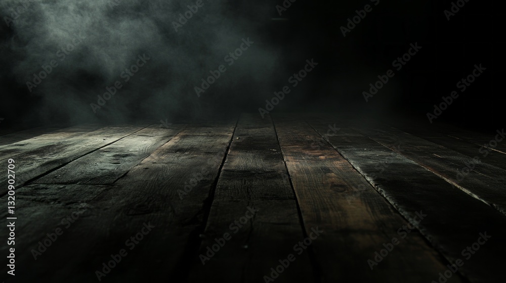 Aufkleber Soft light filters through billowing mist that envelops the aged wooden floor, creating an atmosphere filled with intrigue and depth as shadows twist and turn in the darkness