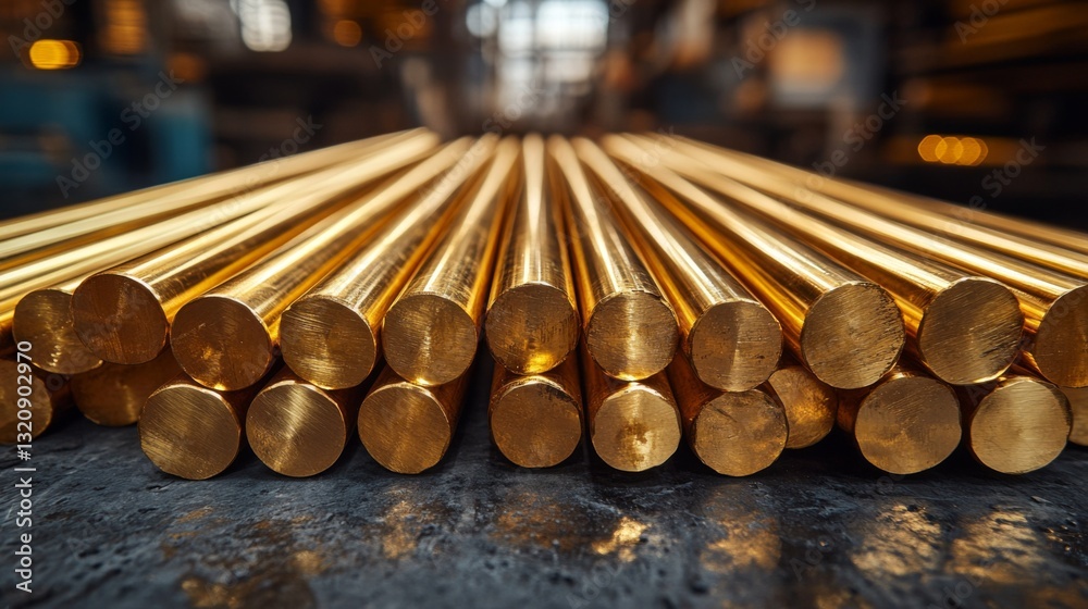 Poster in a manufacturing facility, multiple aluminum rods are stacked neatly, highlighting the high-qualit