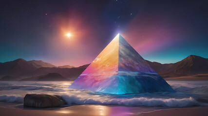 Soft waves crash against rugged rocks, their surfaces illuminated by a surreal twilight glow as the sun sets on the horizon, casting a warm orange and purple hue across the sky. Above, a celestial bod