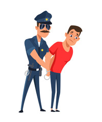 Police arrest. Policeman in blue uniform and sunglasses arrests man in red shirt, placing handcuffs on his wrists. Flat vector illustration.