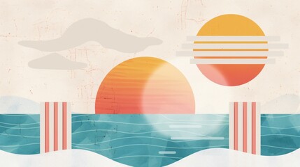 A stylish retro summer design featuring abstract sun motifs, pastel hues, and vintage textures that celebrate a carefree summer spirit.