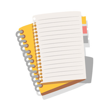 Torn page on cartoon notepad with binder. White ruled rectangular empty sheet on notebook with yellow cover and binding spiral. Stationery mascot, cartoon cute notepad for notes vector illustration