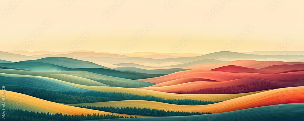 Poster Abstract landscape background idea. A serene view of rolling hills in vibrant colors under soft light.