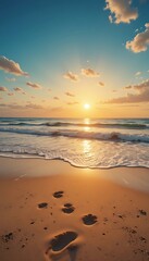 Obraz premium Footprints on Sandy Beach at Sunset with Ocean Waves and Clear Sky