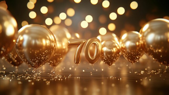 Happy 70th Birthday Gold Greeting Background. 3D Rendering with Number 70 Decoration