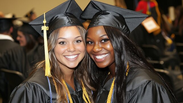 Two Smiling Graduates in Caps and Gowns