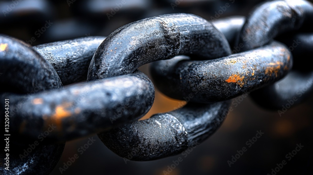 Poster close-up view of interlocking metal chain links displaying wear and tear, highlighting their strengt