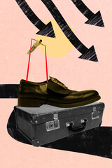 Vertical artwork trend collage of astonished man fly string big size boots footwear suitcase...