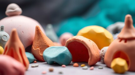 Tight close-up shot of sculptural clay art illustrations with modeled shapes and textured surfaces 
