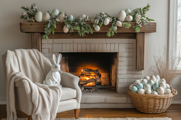 a fireplace with a bunch of stuffed animals sitting on it's mantle and a fireplace with a bunch of fake eggs on top