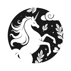 Unicorn silhouette in a circle stamp set. Fantasy magical mystic horse tattoo clipart set. Product design t shirt sticker print.