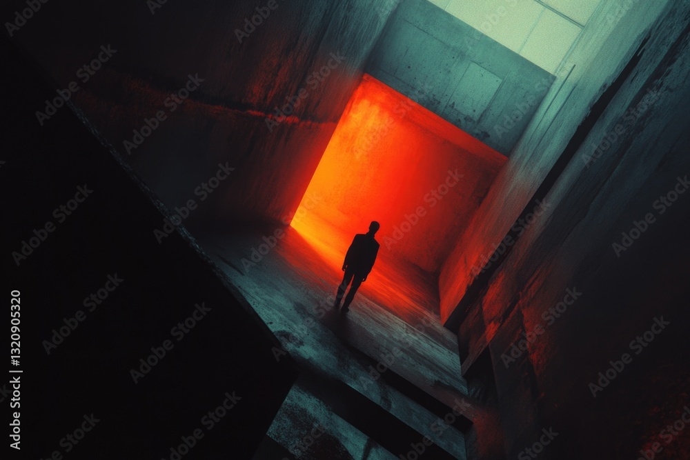 Poster a person stands in a darkened space lit by a single red light, ideal for use in scenes about mystery