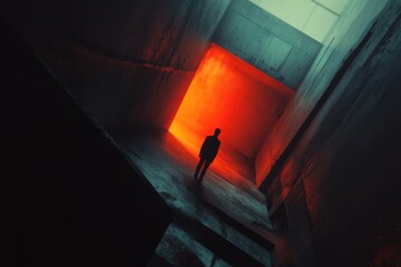 A person stands in a darkened space lit by a single red light, ideal for use in scenes about mystery, suspense or intimacy