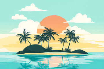 Obraz premium Tropical Beach Island Palm Tree Ocean Summer Vacation Illustration