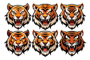 Set of Six Fierce Tiger Head Illustrations - Vector Mascot Logo Design
