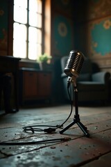 Vintage microphone and audio cables on a dusty floor in a dimly lit room , floor, dimly lit, vintage