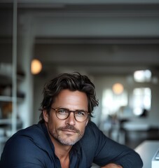 Obraz premium A confident mid-aged Caucasian businessman with glasses in a navy blue shirt sitting in a stylish, modern office with an intense gaze