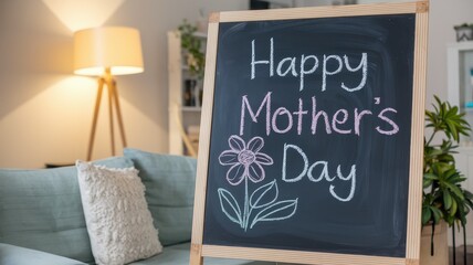 Happy Mother's Day Chalkboard Sign in Cozy Living Room