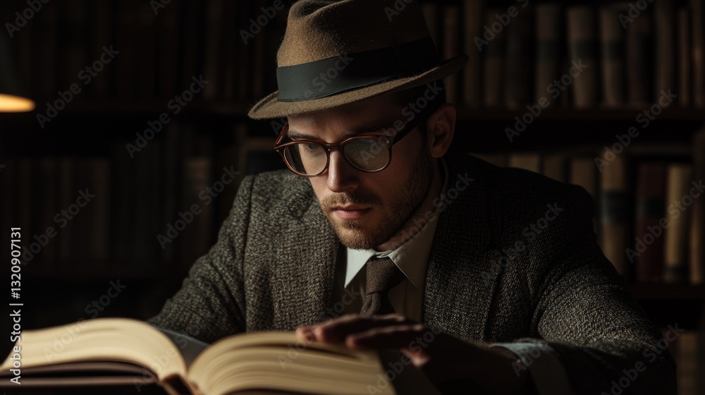 Poster a person sitting in a library surrounded by books, reading and learning