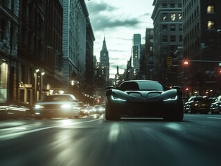 Sleek Sports Car Driving Through Urban Cityscape at Dusk