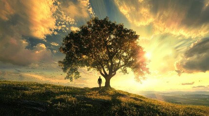 Fototapeta premium Solitary Figure at Sunset, Contemplation Under a Majestic Tree