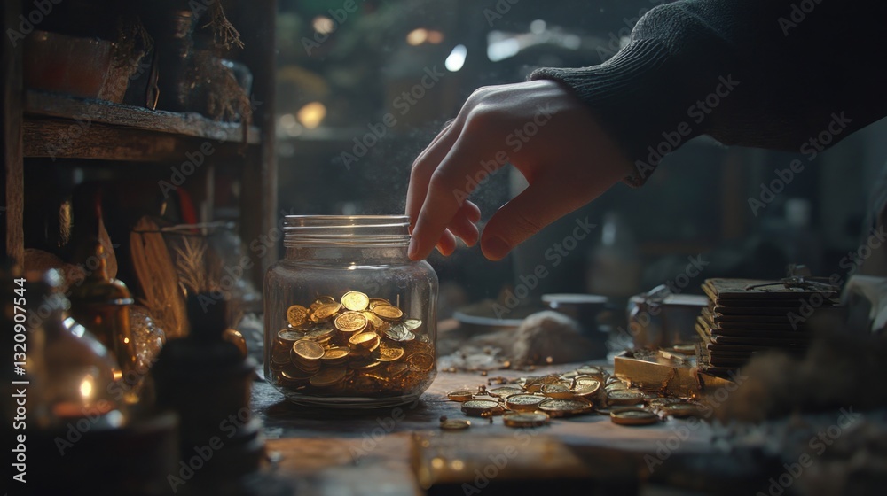 Poster A person puts coins into a jar on a table, a simple act of saving and budgeting