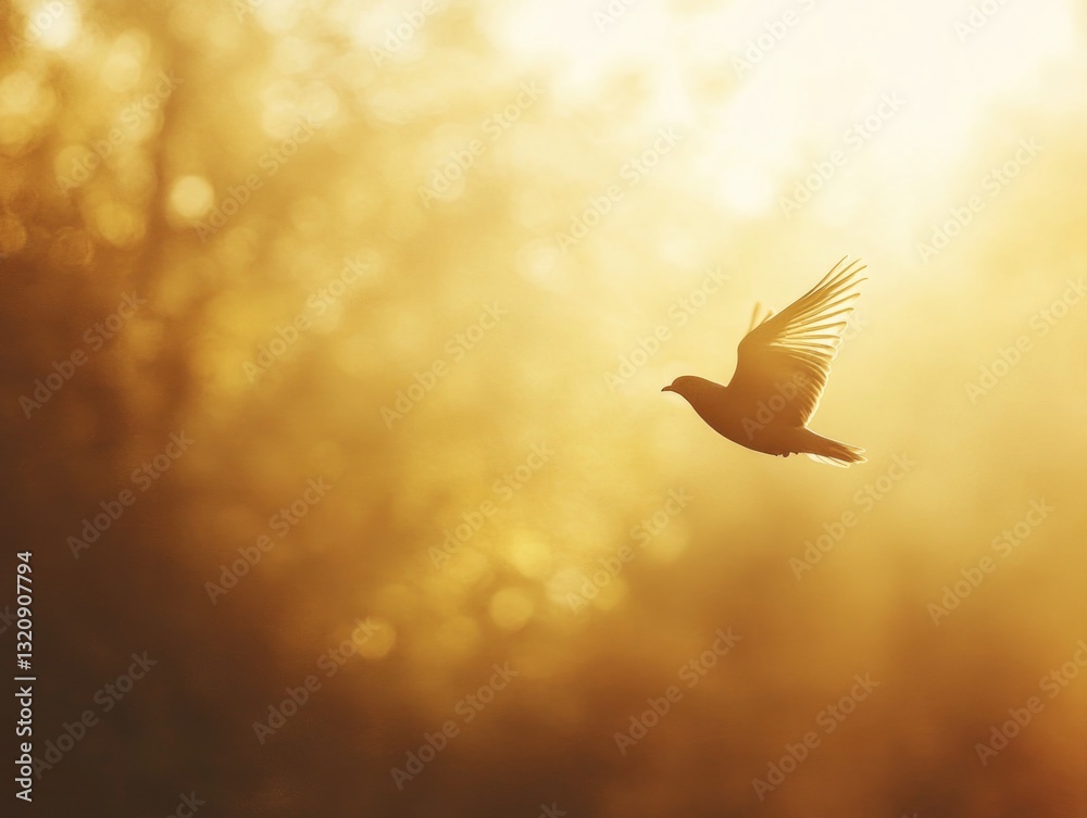 Poster A bird soars through the air in front of tall trees, with branches stretching out to frame its path