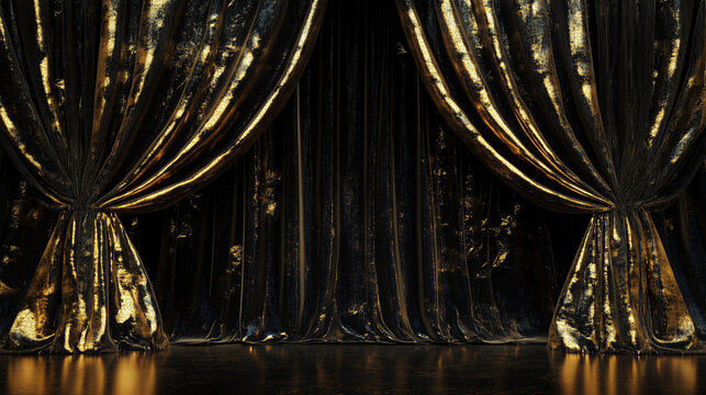 Luxurious black and gold velvet stage curtains elegantly draped for grand performances, prestigious events, and theatrical productions