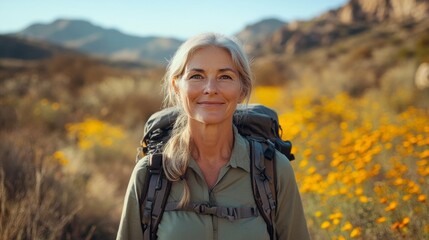 A middle-aged woman hikes alone through a vibrant wilderness filled with wildflowers, showcasing her love for adventure and breaking free from gender stereotypes