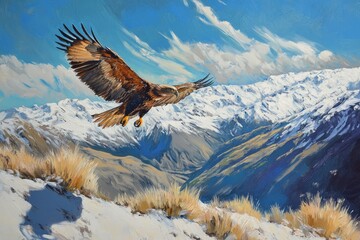 eagle flying against the wind, over a mountain pass, mountain tops, snow, tussock, valleys of beech forest. Oil paint, brush strokes, windy