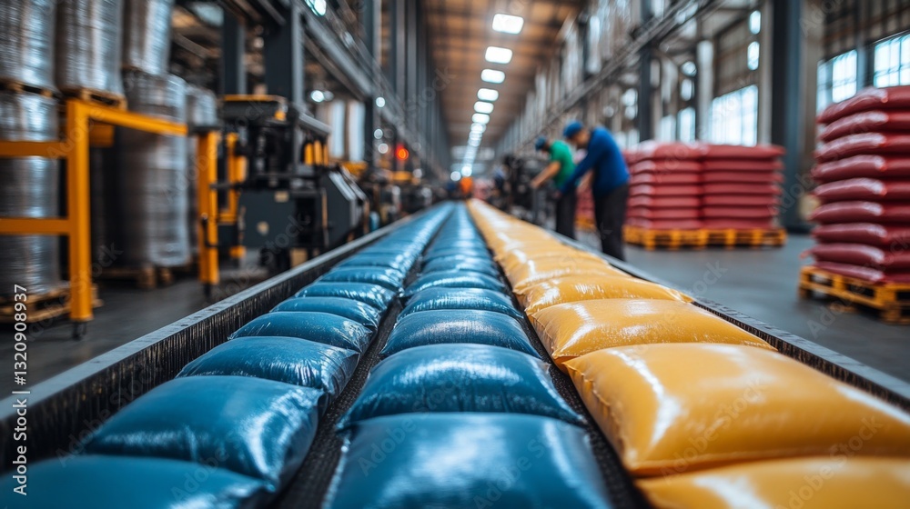 Poster workers in a large factory setting are seen handling vibrant blue and yellow bags on a conveyor belt