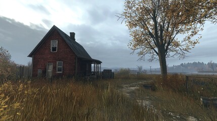 Solitary Rustic House by the Lake Under a Cloudy Sky