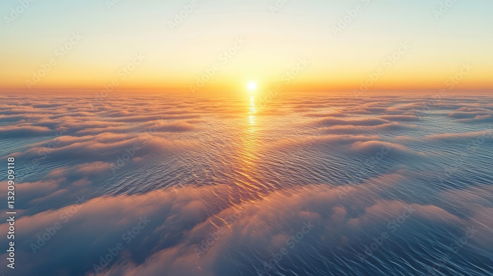 Poster Seascape abstract background idea. Stunning aerial view of sunset over ocean waves and clouds, creating a serene atmosphere.