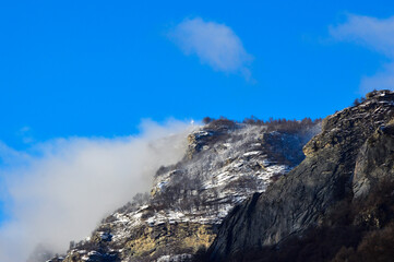 Mountains, Alps, Cross, Religion, Clouds, Italian Alps, Sunny landscape, Winter mountains, Snow, Blue sky.