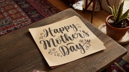 Happy Mother's Day Card on Rustic Wooden Table
