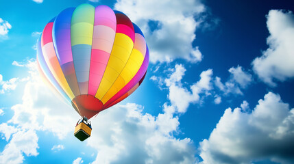 Naklejka premium Colorful hot air balloon soaring through a bright blue sky with fluffy white clouds, perfect for travel advertisements, inspirational posters, and adventure-themed marketing campaigns