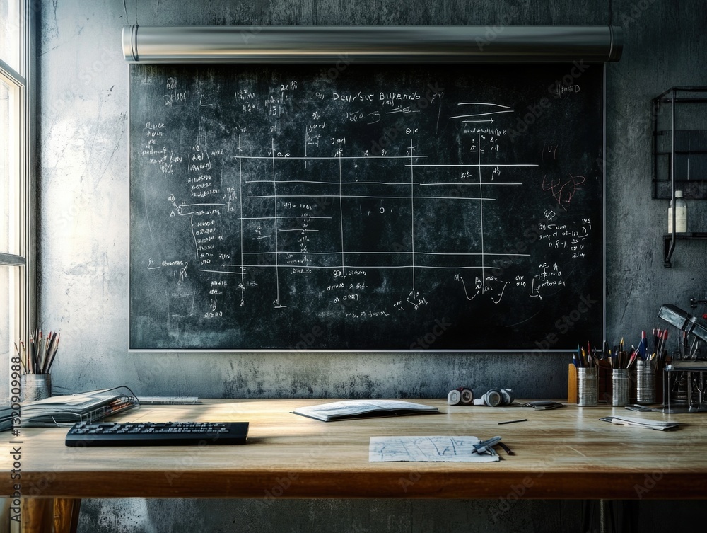 Poster a desk with a blackboard and a keyboard, suitable for educational or office settings