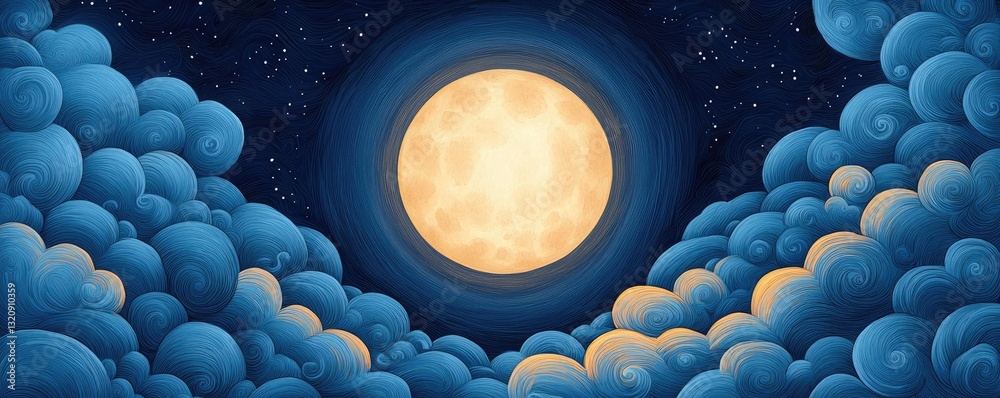 Poster ink illustration abstract background concept. a beautiful moon shining through soft clouds in the ni