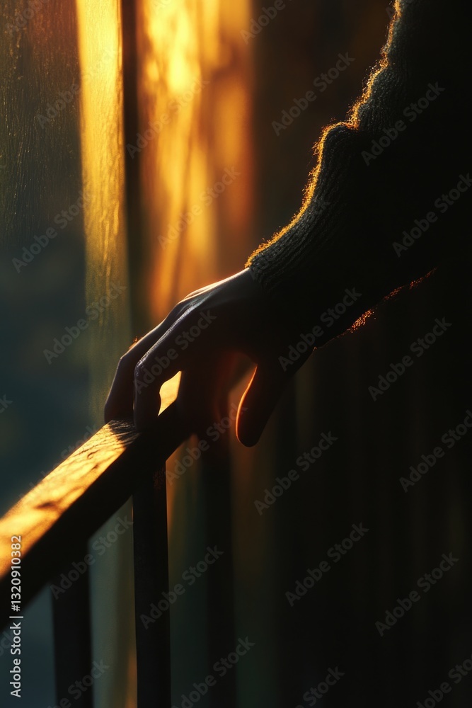 Poster a person's hand resting on a railing in front of a window, possibly looking outside