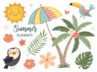 set-of-cute-summer-elements--sun--palm-tree--beach