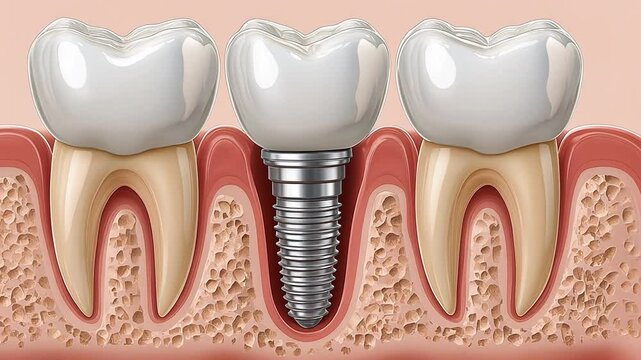 Dental Implant Illustration: A detailed illustration showcasing a dental implant, highlighting its structure and integration within the jawbone, surrounded by healthy teeth.